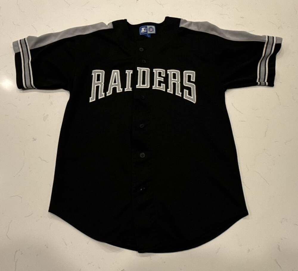 Starter Oakland Raiders Button Up Jersey Size M Black Gray NFL